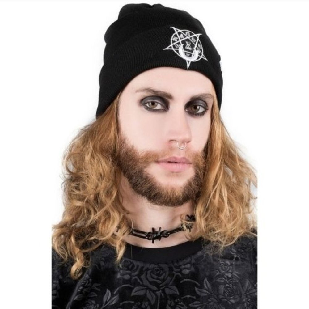Killstar Pentagram Beanie ✦ Black Knit Occult Embroidery ✦ Unisex Alt-Core Hat